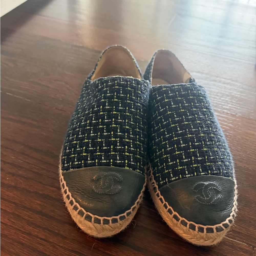 CHANEL Black and Blue Tweed Espadrilles